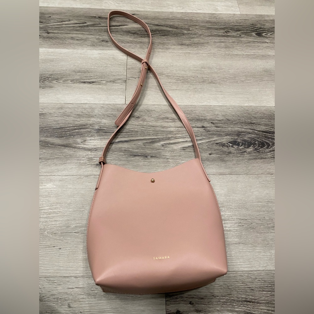 SAMARA Medium Off the Shoulder Bucket Crossbody Bag Pink Peony Vegan Leather - Picture 5 of 14